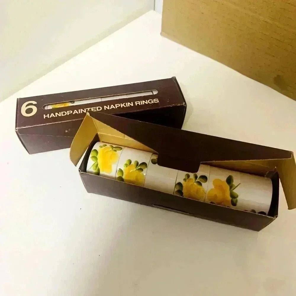 Set of 6 Napkin Rings, Hand Painted Yellow Floral vintage Napkin Rings
